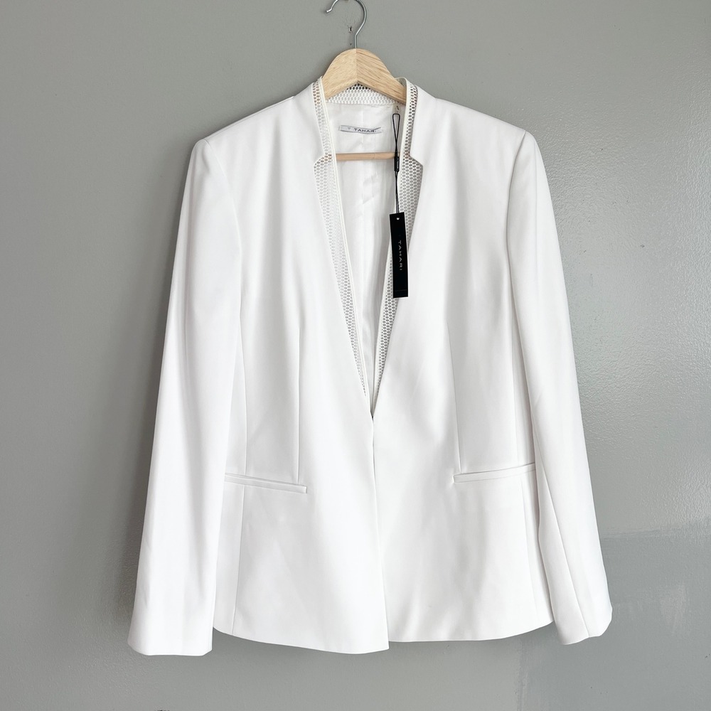 T Tahari Jolie Jacket Womens 14 White Mesh Trim Blazer Career Modern Chic NWT